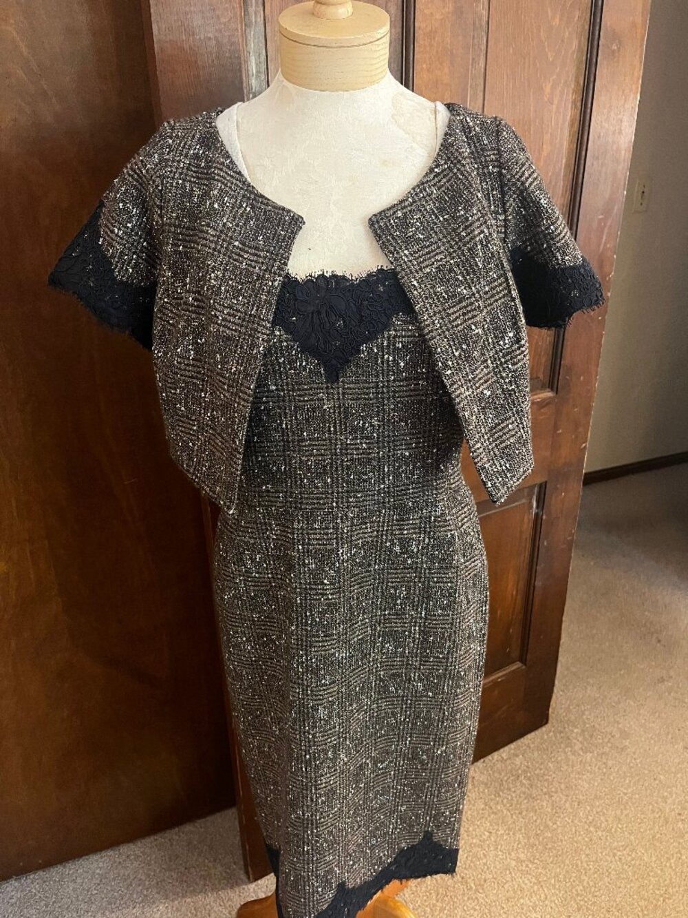 Cynthia Rose Metallic Tweed Lace Cocktail Dress & Jacket Set, Size M
